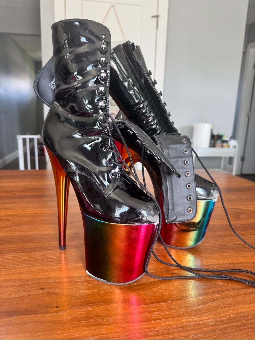 Pleaser Black Patent Lace-Up Platform Heels with Rainbow Mirror Platform - Picture 4 of 6